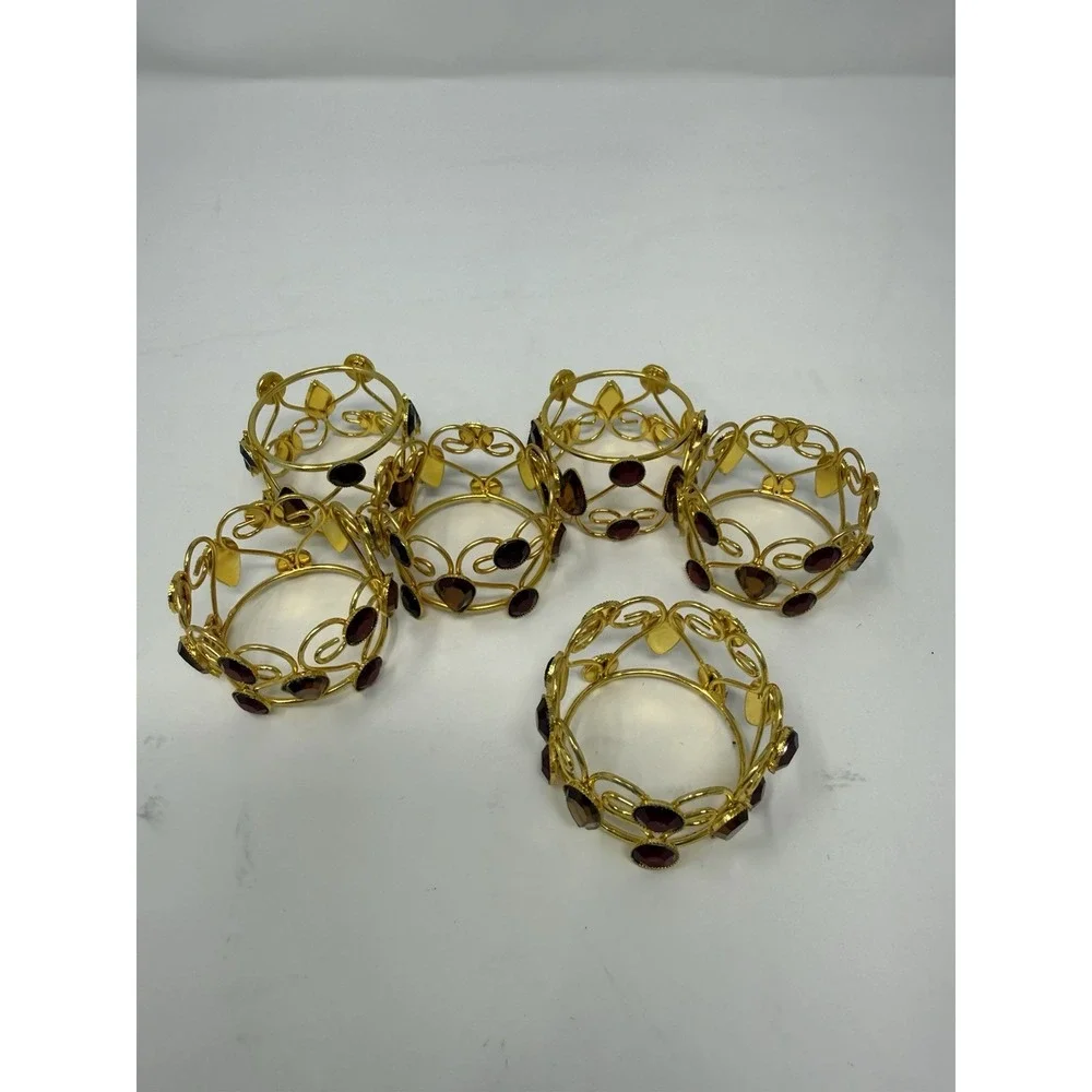 6 Pier One Imports Holiday Jeweled Napkin Rings Red & Amber Set In Gold Tone